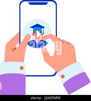 Online education flat concept with human hands pressing play button on video vector illustration Stock Vector