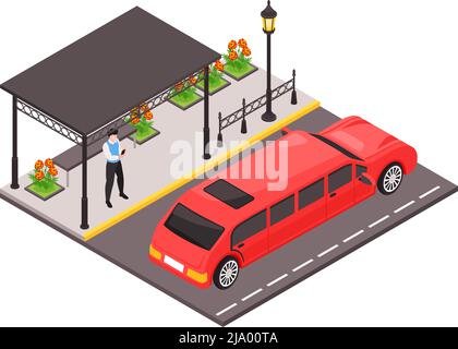Public transport icon with man standing at beautiful clean bus stop and red luxurious car 3d vector illustration Stock Vector