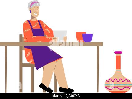 Flat hobby composition with happy elderly woman doing pottery vector illustration Stock Vector