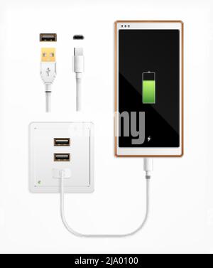 Usbport plug in charge realistic composition with set of isolated cable connectors ports socket and smartphone vector illustration Stock Vector
