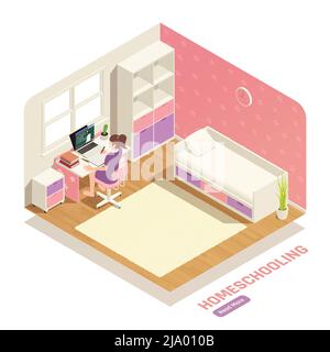 Homeschooling isometric composition with girl watching video lesson in her room 3d vector illustration Stock Vector