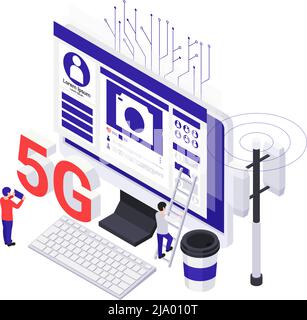 Isometric 5g internet technology concept with computer telecommuncation tower on white background 3d vector illustration Stock Vector