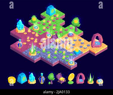 Isometric game landscape composition with piece of colourful gaming map with trees stones and treasure chests vector illustration Stock Vector