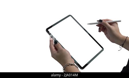 Young woman hand holding digital tablet and stylus pen isolated on white background. Blank display for graphic display montage. Stock Photo