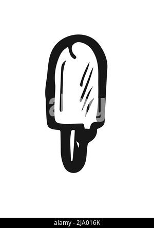 Popsicle ice cream on stick. Hand drawing outline. Isolated on white background. Monochrome drawing. Vector Stock Vector