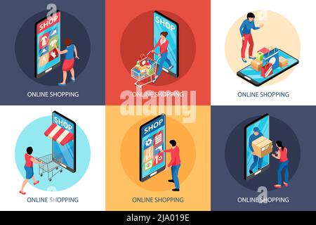 Isometric online shopping design concept with square compositions of smartphones shop fronts and carts with people vector illustration Stock Vector