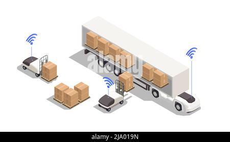Isometric composition with automated forklifts loading cardboard boxes into truck on white background 3d vector illustration Stock Vector