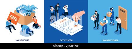 Isometric dismissal design concept with set of three square compositions with text and characters of workers vector illustration Stock Vector