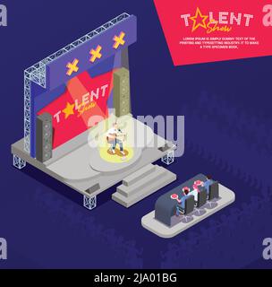 Man playing guitar and singing on stage at tv talent show isometric composition 3d vector illustration Stock Vector