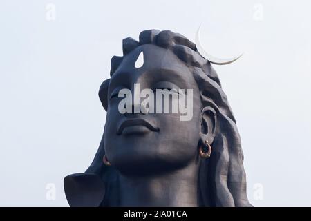 Portrait View of Adiyogi Shiva Statue, 34 meter tall statue designed by Sadhguru Jaggi Vasudev, Inaugurated in 2017. Located  at Booluvampatti, 35 kms Stock Photo