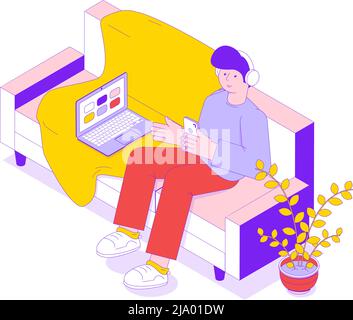 Man listening to music in headphones sitting on sofa isometric icon 3d vector illustration Stock Vector