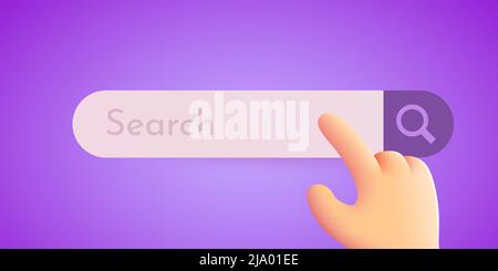 Cartoon hand clicks on the search bar. Searching for information on the Internet concept. Vector illustration Stock Vector