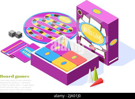 Board games set isometric composition with game elements tools and accessories vector illustration Stock Vector