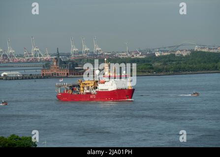 The Royal Navy's ice patrol ship, HMS Protector, moving up the Hudson River at the start of Fleet Week 2022. Stock Photo
