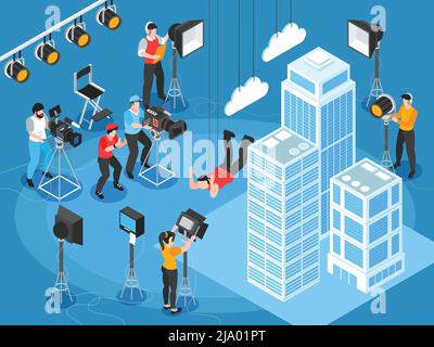Isometric cinematography composition of film set scenery with skyscrapers and characters of lighting and camera operators vector illustration Stock Vector