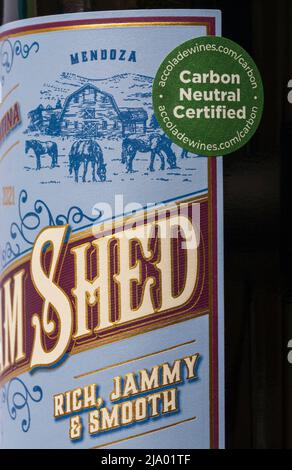 carbon neutral certified sticker on bottle of Jam Shed Mendoza Malbec red wine product of Argentina Argentinian sold in the UK Stock Photo