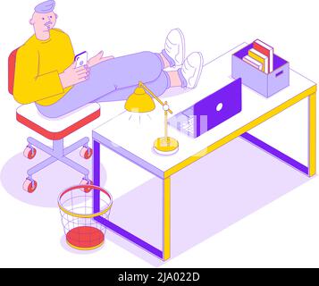 Office worker relaxing with smartphone at his work place isometric icon vector illustration Stock Vector