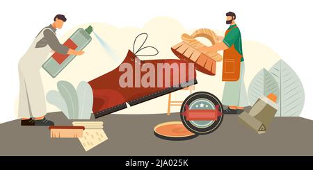 Shoe care cleaning products isometric composition with waterproof suede leather protection spray brushes creams accessories vector illustration Stock Vector