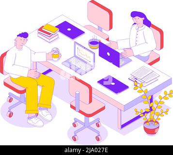 Isometric icon with two business people working in office on laptops 3d vector illustration Stock Vector