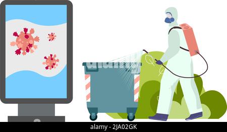 Sanitation employee in protective costume cleaning streets flat vector illustration Stock Vector
