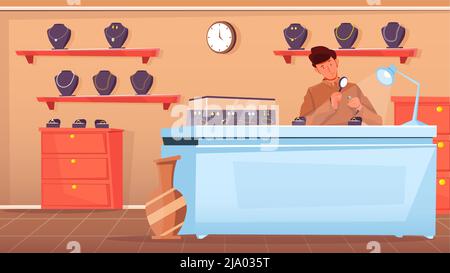 Shop assistant looking at ring through magnifying glass at jewelry shop flat vector illustration Stock Vector