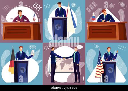 Diplomacy composition set with international politics symbols flat isolated vector illustration Stock Vector