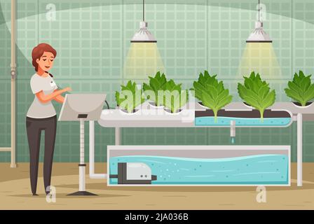 Greenhouse farming background with hydroponics and aeroponics symbols cartoon vector illustration Stock Vector