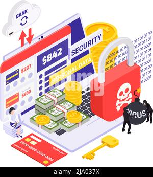 Personal data protection isometric composition  with credit card banknotes coins red padlock with skull icon vector illustration Stock Vector