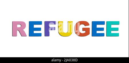 Refugees, word written in colorful wooden alphabet letters isolated.  Safe migration for people escaping from war, support and assistance concept. Top Stock Photo