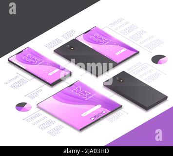 Foldable gadgets concepts isometric mockup composition with next gen models of electronics tablets smartphones and text vector illustration Stock Vector