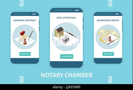 Notary chamber mobile app concept with marriage contract real estate deals inheritance rights functions on smartphone screens isometric vector illustr Stock Vector
