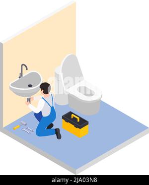 Renovation repair works isometric composition with character of worker with toolbox in bathroom vector illustration Stock Vector