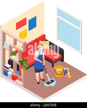 Renovation repair works isometric composition with home living room interior and housemaid character vector illustration Stock Vector