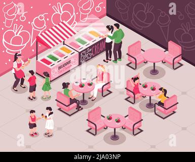 People with kids choosing and eating ice cream at cafe with pink tables and chairs 3d isometric vector illustration Stock Vector