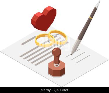 Notary services isometric composition with heart and rings on top of paper contract vector illustration Stock Vector