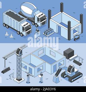 Set of horizontal builders banners with isometric images of construction site materials machinery and human characters vector illustration Stock Vector