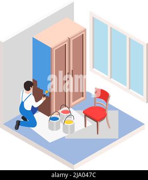 Renovation repair works isometric composition with worker painting old cabinet with blue paint vector illustration Stock Vector