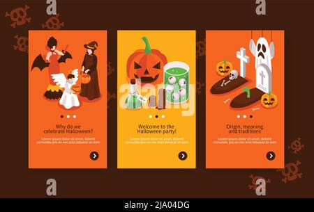 Set of colorful isometric banners with halloween party elements grave angel witch vampire jack o lantern 3d isolated vector illustration Stock Vector