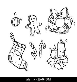 Set of Christmas design element in doodle style. Vector illustration, isolated elements Stock Vector