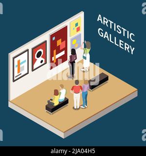 Artistic gallery isometric background with people looking pictures of modern artists vector illustration Stock Vector