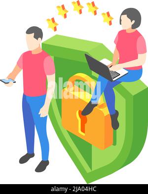 Isometric personal data protection icon with shield lock characters 3d vector illustration Stock Vector