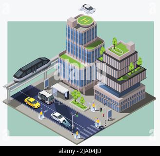 Smart city technologies isometric composition with image of city block with remote vehicles buildings and people vector illustration Stock Vector