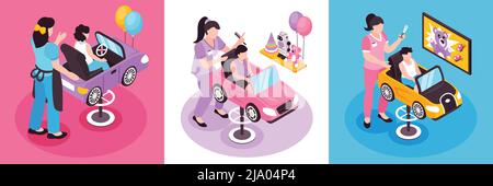 Isometric design concept with children barber doing hair of sitting in funny chair boy and girl 3d isolated vector illustration Stock Vector