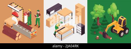 Isometric wooden furniture production design concept with square compositions of ready products and manufacturing process stages vector illustration Stock Vector