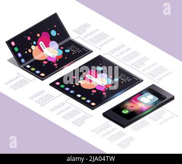 Foldable gadgets concept isometric mockup composition with next generation electronic touch screen smartphone models with text vector illustration Stock Vector