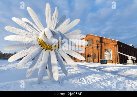 Turku, Finland - January 22, 2016: Giant chamomile flower installation at the port of Turku Stock Photo