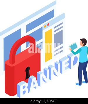 Isometric blocking internet sites icon with banned user webpages and 3d image of lock vector illustration Stock Vector