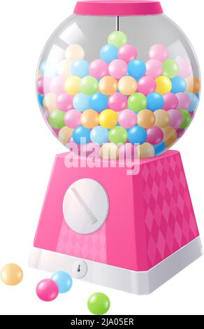Bubble gum realistic composition with ball shaped vending machine with colorful gumballs vector illustration Stock Vector