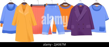 Flat clothes store icon with colorful coat jacket skirt trousers tshirt for women on hangers vector illustration Stock Vector