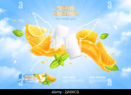 Bubble gum realistic poster with citrus paradise symbols  vector illustration Stock Vector